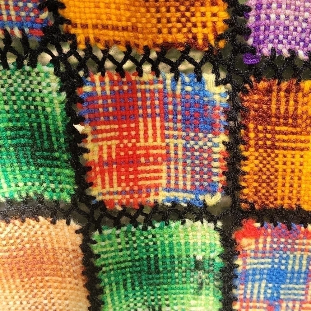 HANDMADE 1970s Rainbow Woven Knit Granny Square Patchwork Wall Throw
